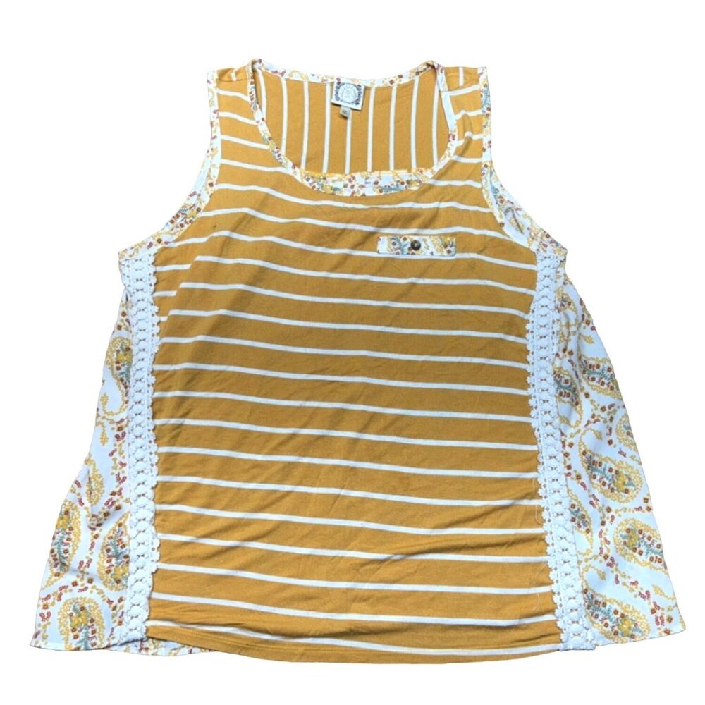 Tru Self Womens Yellow White Striped & Paisley Tank Top 2X